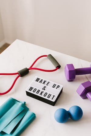 A table with basic exercise equipment on top