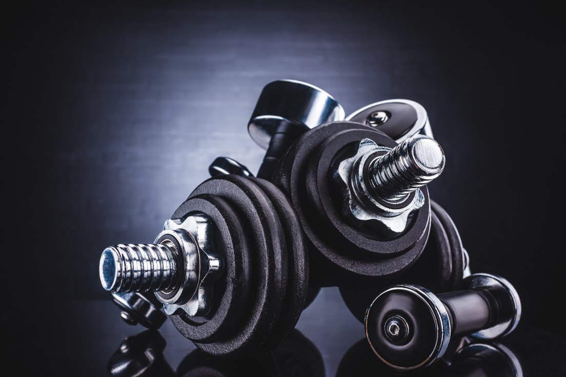 close-up view of various dumbbells used for bowflex back exercises